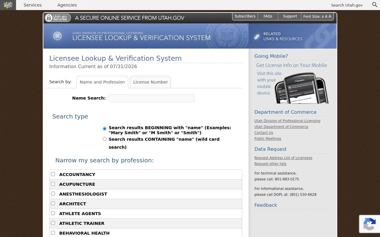Professional license lookup for Weber County people directories